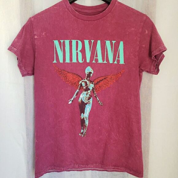 Nirvana Womens T-Shirt Sz S Genuine Merch Utero Angel Distressed Acid Wash Pink - Picture 1 of 8
